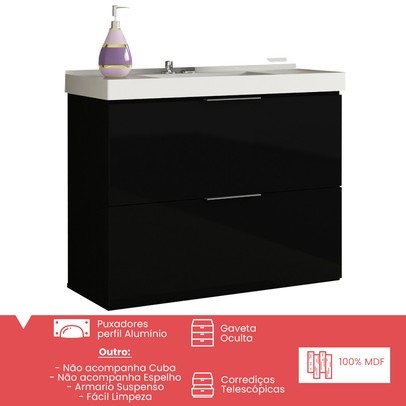 Armário de Banheiro Pietra 3 Gavetas Mdp Preto - Móveis Bosi