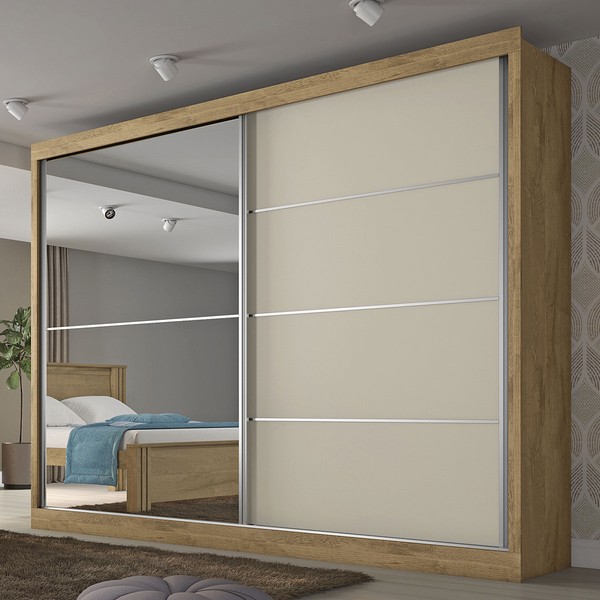 Guarda-Roupa Casal Verona 2 Portas 4 Gavetas 100% Mdf com Espelho Amêndoa/Off White - Mademarques