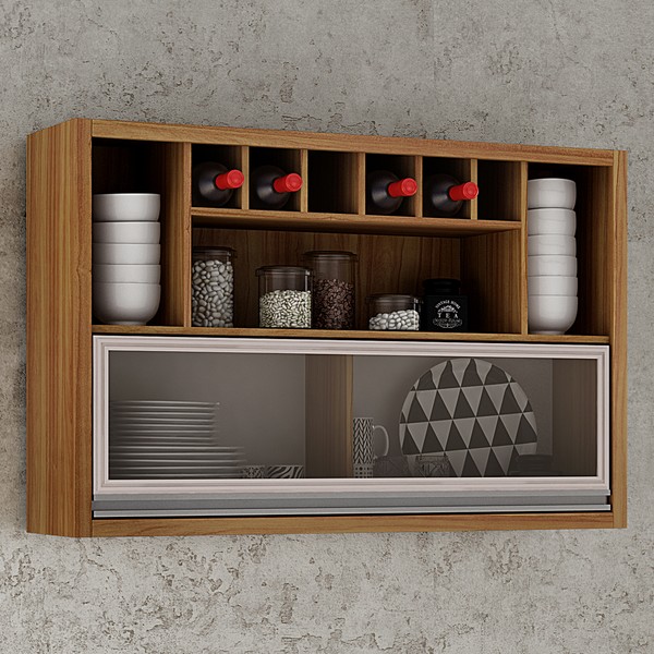 Armário Aéreo Cozinha Jade 1 Porta com Vidro Carvalho/Off White - Chf