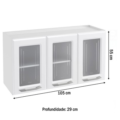 Armário Aéreo Cozinha em Aço Topázio 3 Portas com Vidro Branco - Telasul