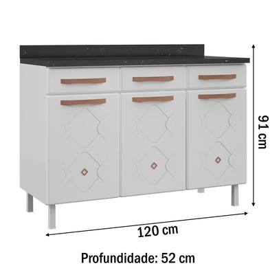 Balcão de Cozinha para Pia em Aço Mirage New 3 Portas 3 Gavetas Branco - Telasul