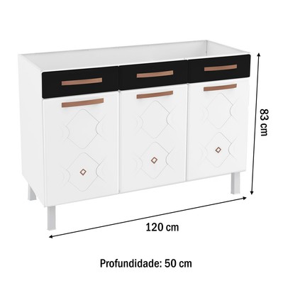 Balcão de Cozinha para Pia em Aço Mirage New 3 Portas 2 Gavetas Branco/Preto - Telasul