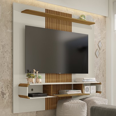 Painel para TV Até 65 Polegadas Lisboa 1 Porta Off White/Cinamomo - Móveis Bechara