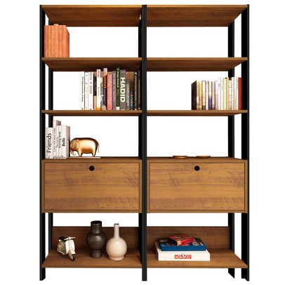 Conjunto Estantes para Livros Match 2 Portas Basculantes 6 Prateleiras Pinho/Preto - Pnr Móveis