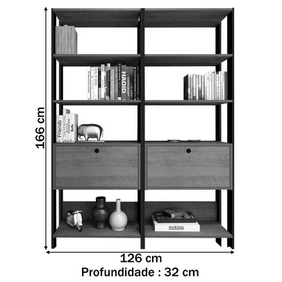 Conjunto Estantes para Livros Match 2 Portas Basculantes 6 Prateleiras Pinho/Preto - Pnr Móveis