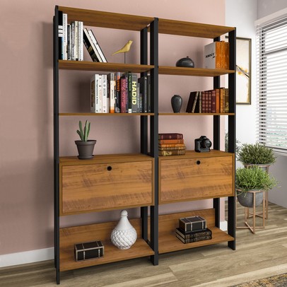 Conjunto Estantes para Livros Match 2 Portas Basculantes 6 Prateleiras Pinho/Preto - Pnr Móveis