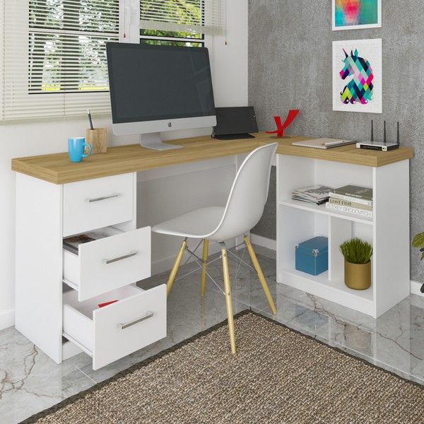 Mesa Escrivaninha  Mali 3 Gavetas Olmo/Branco - Artany