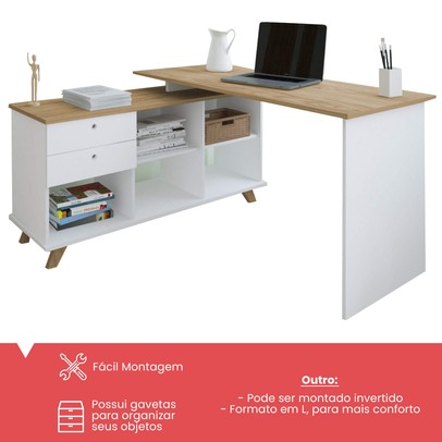 Mesa Escrivaninha Gold 2 Gavetas 2 Prateleiras Branco/Olmo - Artany