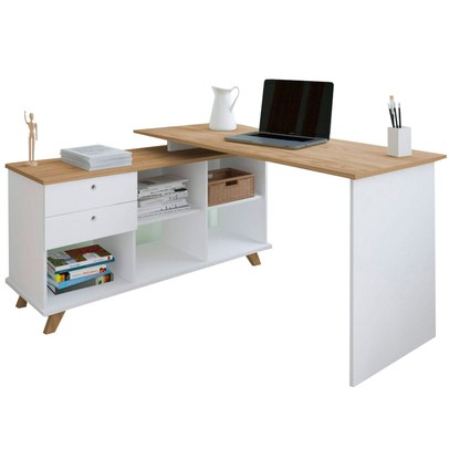 Mesa Escrivaninha Gold 2 Gavetas 2 Prateleiras Branco/Olmo - Artany