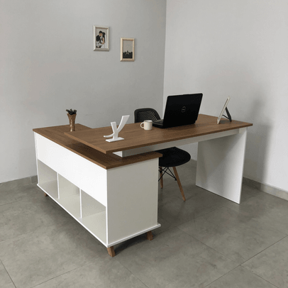 Mesa Escrivaninha Gold 2 Gavetas 2 Prateleiras Branco/Olmo - Artany