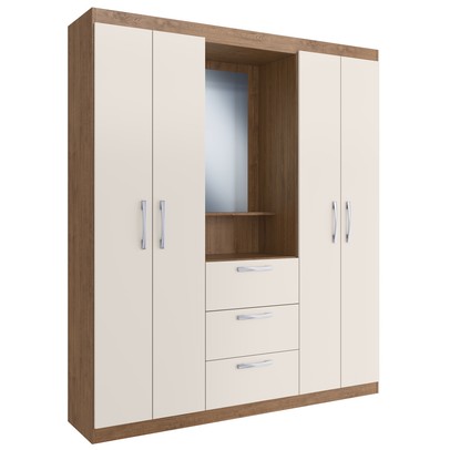 Guarda-Roupa Solteiro Panamá 4 Portas 3 Gavetas Off White/Nogueira - Doripel
