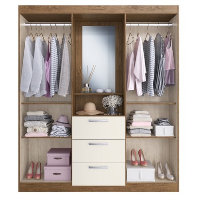 Guarda-Roupa Solteiro Panamá 4 Portas 3 Gavetas Off White/Nogueira - Doripel