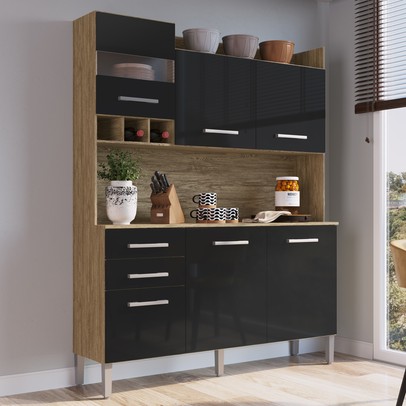 Cozinha Compacta 6 Portas 2 Gavetas Ac6200 Wood/Preto - Decibal Móveis