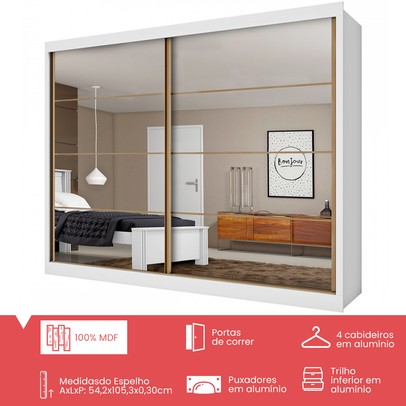 Guarda-Roupa Casal Paris Plus 2 Portas 6 Gavetas Espelhado 100% Mdf Branco - Pnr Móveis
