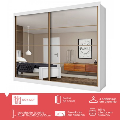 Guarda-Roupa Casal Royale Plus 2 Portas 6 Gavetas Espelhado 100% Mdf Branco - Pnr Móveis