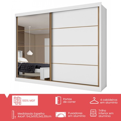 Guarda-Roupa Casal Paris 2 Portas 6 Gavetas Espelhado 100% Mdf Branco - Panorama Móveis
