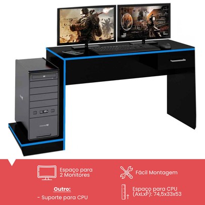 Mesa Gamer Ideal para 2 Monitores Preto/Azul - Pnr Móveis
