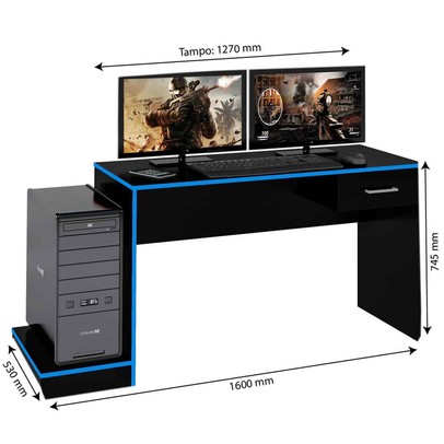 Mesa Gamer Ideal para 2 Monitores Preto/Azul - Pnr Móveis