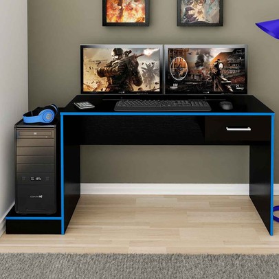 Mesa Gamer Ideal para 2 Monitores Preto/Azul - Pnr Móveis