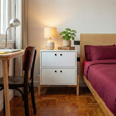 Mesa de Cabeceira 2 Gavetas com Pés Bcr 11 Branco/Pinus - Brv Móveis