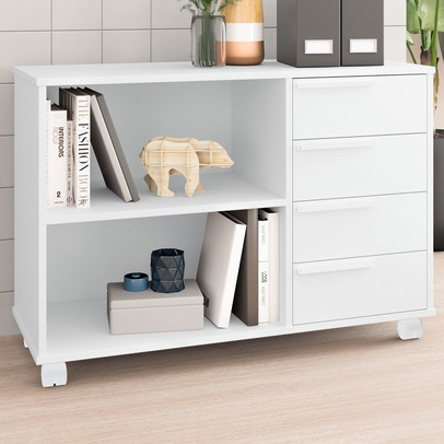 Gaveteiro com Rodízios 4 Gavetas 1 Prateleira Office Branco - Brv Móveis