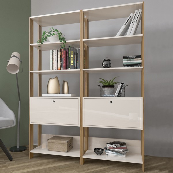 Conjunto Estantes para Livros Match 2 Portas Basculantes 6 Prateleiras Off White/Carvalho - Pnr Móveis