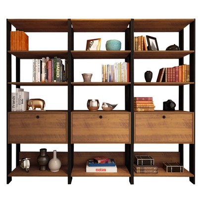 Conjunto Estantes para Livros Match 3 Portas Basculantes 9 Prateleiras Pinho/Preto - Pnr Móveis