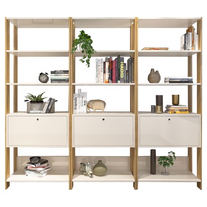 Conjunto Estantes para Livros Match 3 Portas Basculantes 9 Prateleiras Off White/Carvalho - Pnr Móveis