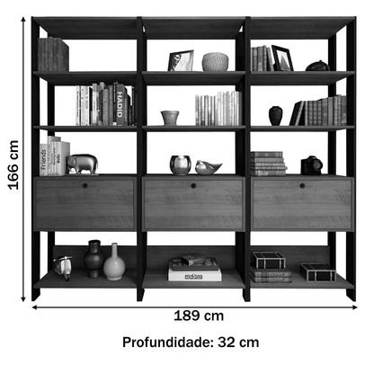 Conjunto Estantes para Livros Match 3 Portas Basculantes 9 Prateleiras Off White/Carvalho - Pnr Móveis