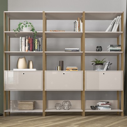 Conjunto Estantes para Livros Match 3 Portas Basculantes 9 Prateleiras Off White/Carvalho - Pnr Móveis