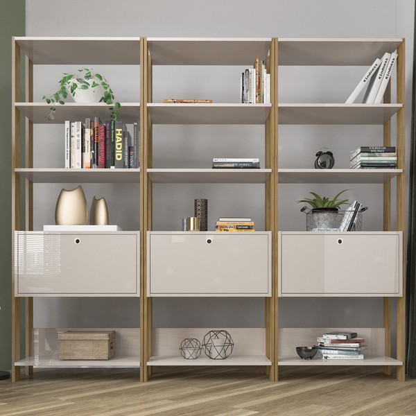 Conjunto Estantes para Livros Match 3 Portas Basculantes 9 Prateleiras Off White/Carvalho - Pnr Móveis