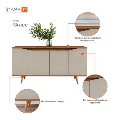 Balcão Buffet Grace 4 Portas Off White/Noce 050.454 - Casa D
