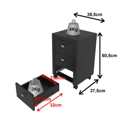 Gaveteiro com Rodízios 3 Gavetas Preto Me4108 - Tecno Mobili