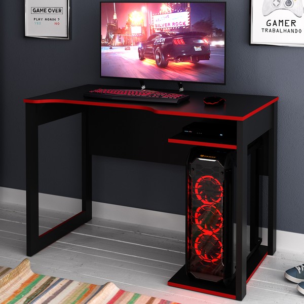 Mesa Gamer 1 Prateleira Preto/Vermelho Me4161 - Tecno Mobili