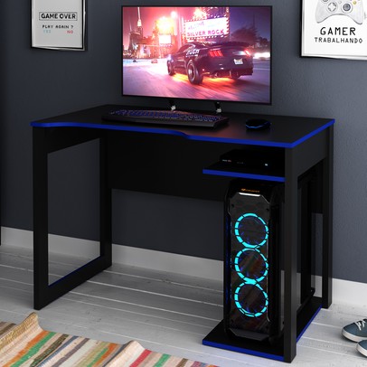 Mesa Gamer 1 Prateleira Preto/Azul Me4161 - Tecno Mobili
