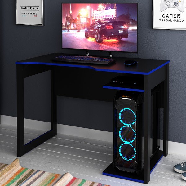 Mesa Gamer 1 Prateleira Preto/Azul Me4161 - Tecno Mobili