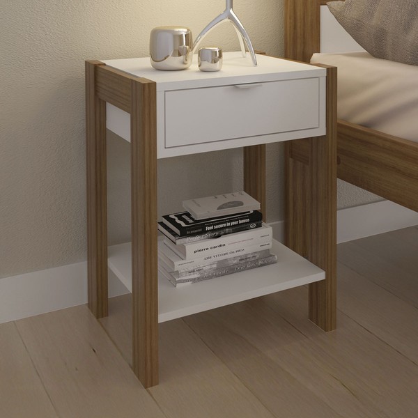 Mesa de Cabeceira 1 Gaveta com Tomada Amendoa/Branco Az1016 - Tecno Mobili