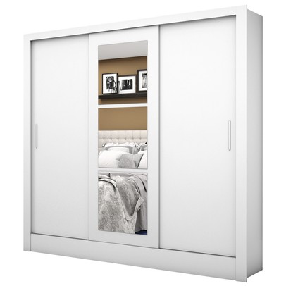 Guarda-Roupa Solteiro Porto 3 Portas de Correr com Espelho Branco - Carioca Móveis