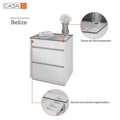 Mesa de Cabeceira Belize 3 Gavetas Branco - Casa D