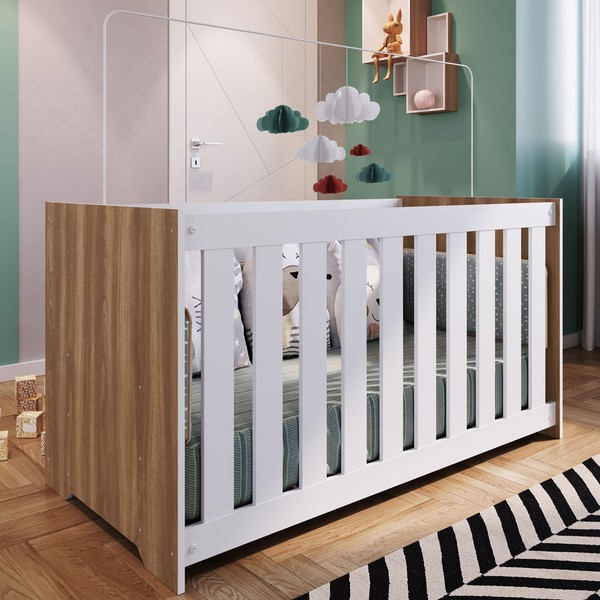 Berço Aconchego com Colchão Nogal Manchester/Branco - Completa Móveis