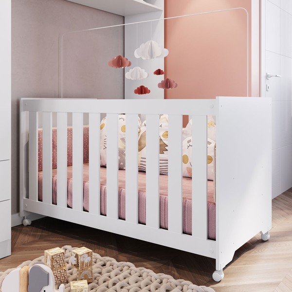 Berço Aconchego com Colchão e Rodizio Branco - Completa Móveis