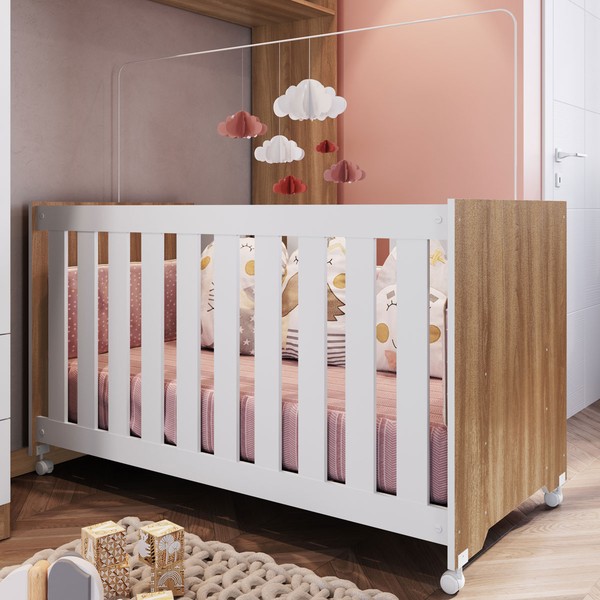 Berço Aconchego com Colchão e Rodizio Nogal Manchester/Branco - Completa Móveis