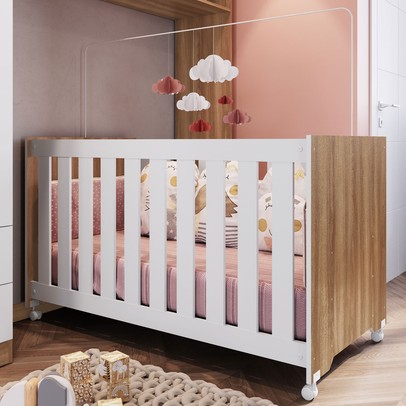 Berço Aconchego com Rodizio Nogal Manchester/Branco - Completa Móveis