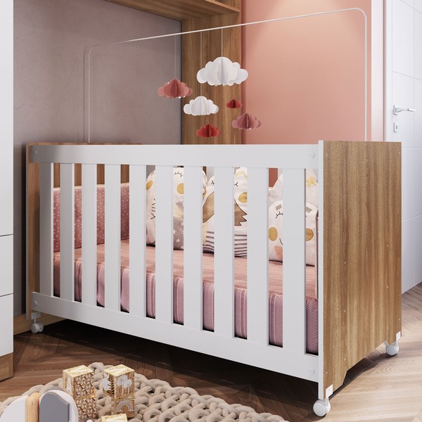 Berço Aconchego com Rodizio Nogal Manchester/Branco - Completa Móveis