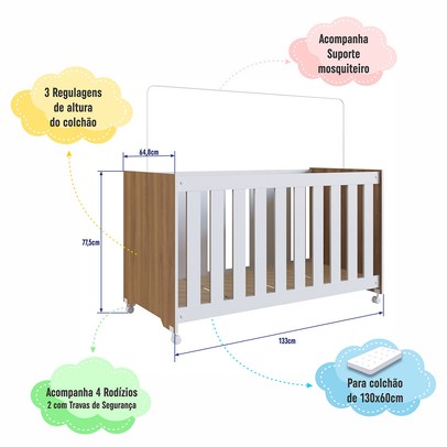 Berço Aconchego com Rodizio Nogal Manchester/Branco - Completa Móveis
