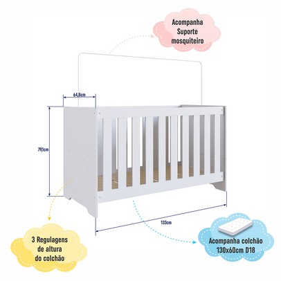 Berço Aconchego 3 em 1 com Colchão Branco - Completa Móveis