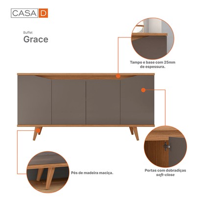 Balcão Buffet Grace 4 Portas Cinza Perola/Noce 050.454 - Casa D