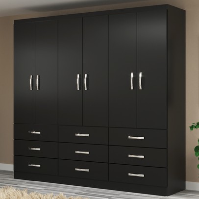 Guarda-Roupa Casal Bergamo 6 Portas 9 Gavetas Preto - Evidencia Móveis