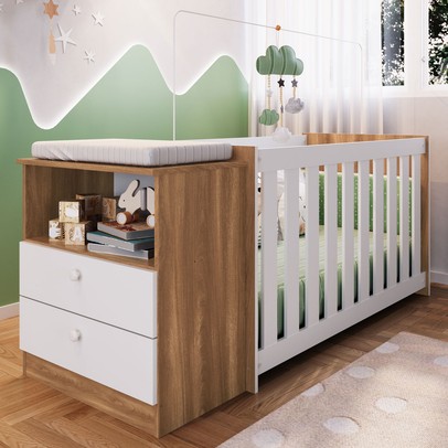 Berço com Cômoda Aconchego 02 2 Gavetas Nogal Manchester/Branco – Completa Móveis