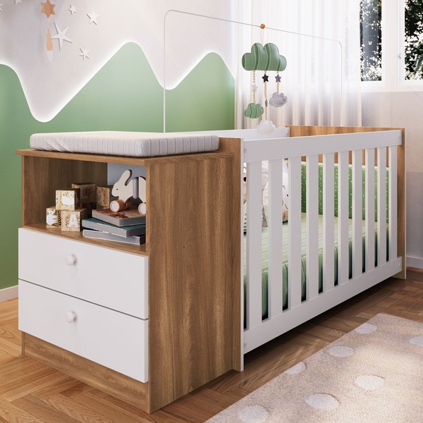 Berço com Cômoda Aconchego 02 2 Gavetas Nogal Manchester/Branco – Completa Móveis